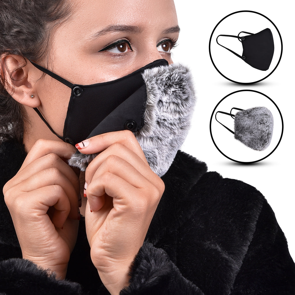 Abco Tech Mulberry Silk Face Mask for Women with Detachable Faux Fur Snap 2-In-1